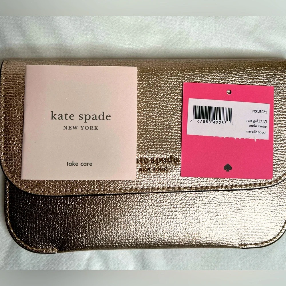 Kate Spade “Make it Mine” Pouch, Metallic Rose Gold, with Box and Tag